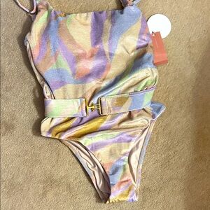 PQ Swim Pastel Striped Swimsuit with Gold Accents